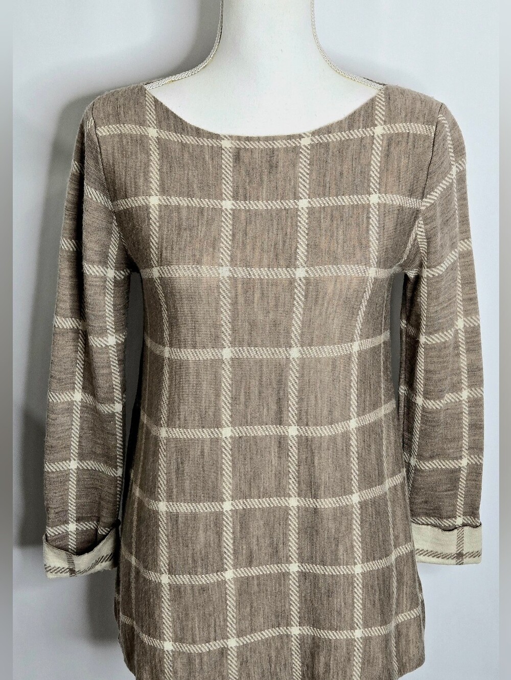 Tahari S 100% Extrafine Merino Wool Windowpane Plaid Tunic Sweater NWOT S
